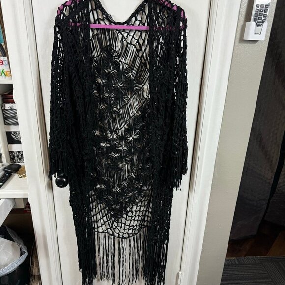 LAMARQUE Black Macramé Fringe Duster | Boho Open-Knit Long Cardigan | Size S - Picture 2 of 7
